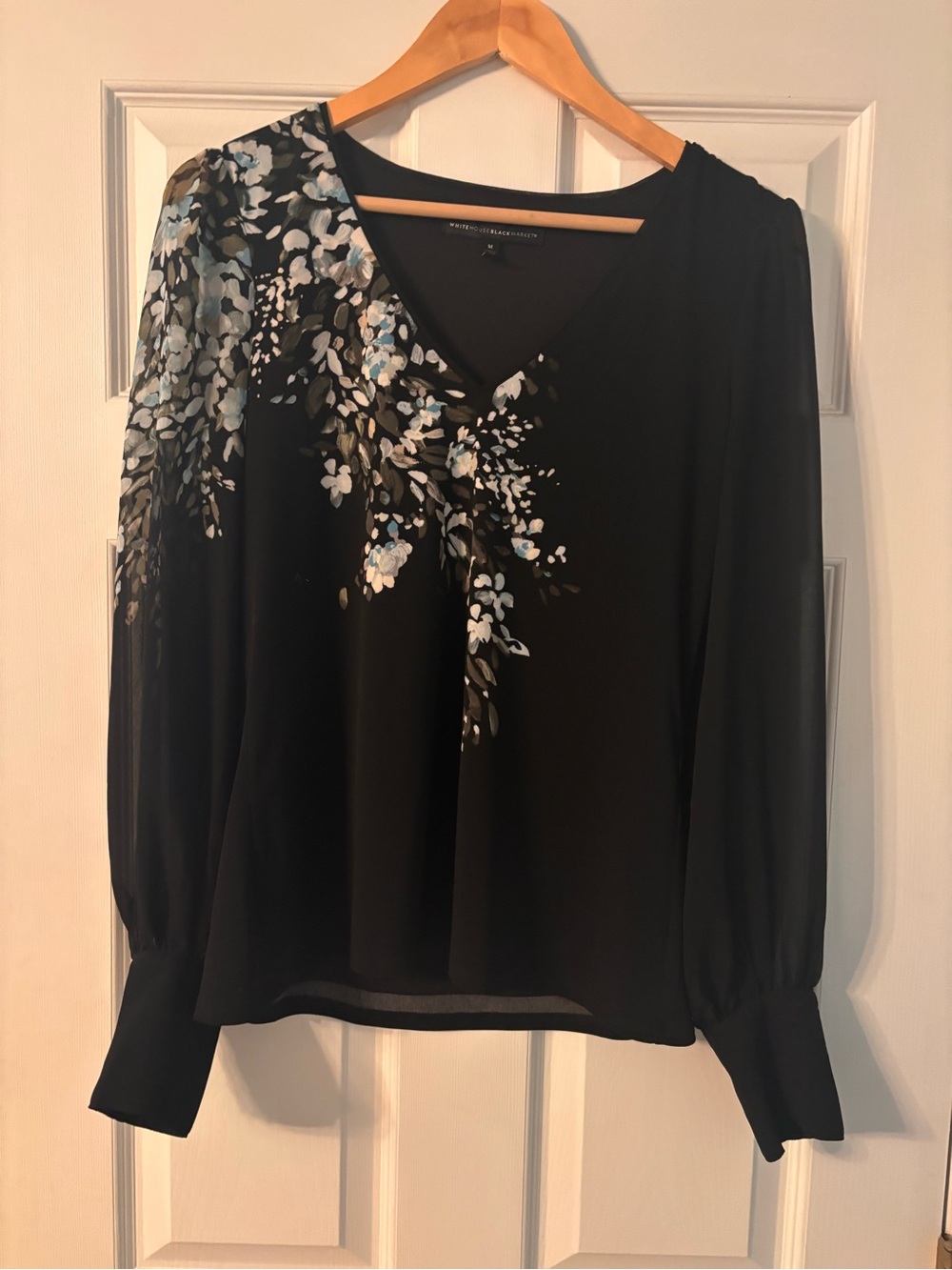 White House Black Market Black Floral V-Neck Blouse with Blue Accent